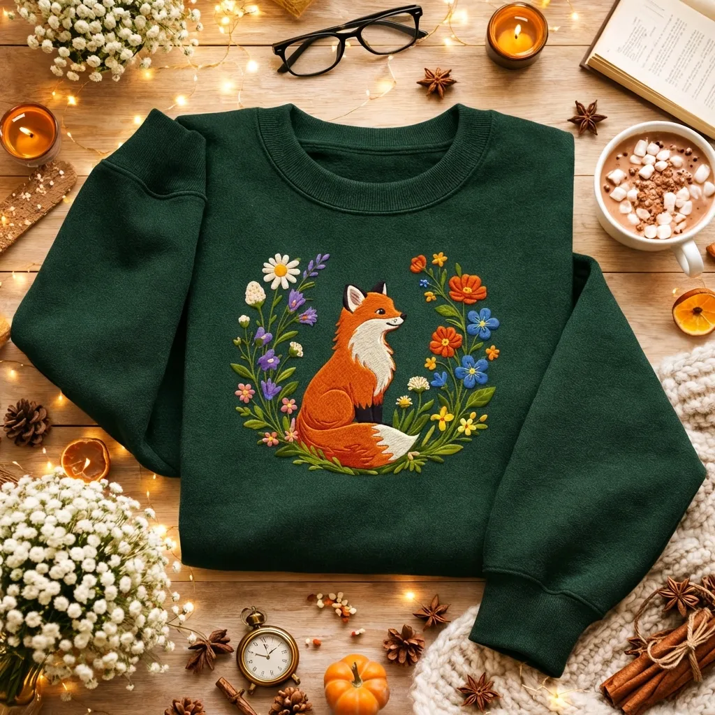 Embroidered Red Fox Flower Wreath Sweatshirt, Forest Nature Top