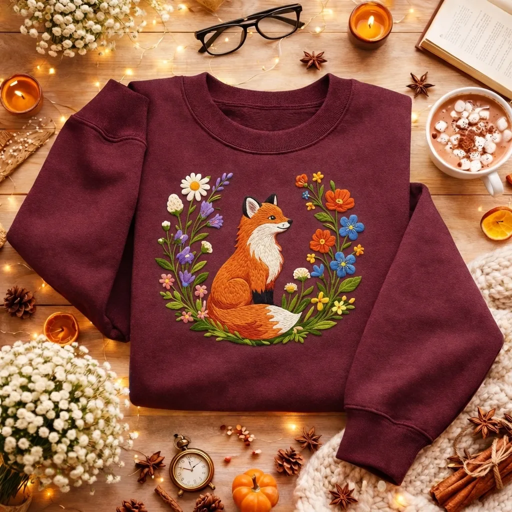 Embroidered Red Fox Flower Wreath Sweatshirt, Forest Nature Top