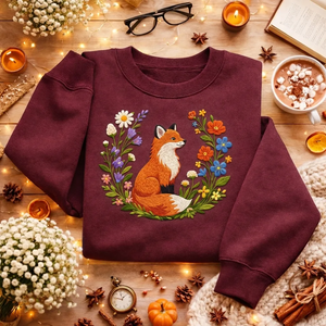 Embroidered Red Fox Flower Wreath Sweatshirt, Forest Nature Top
