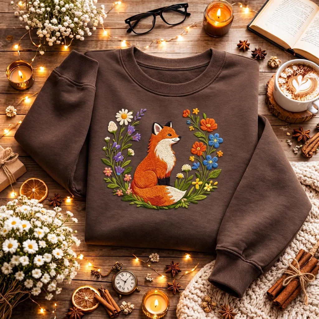 Embroidered Red Fox Flower Wreath Sweatshirt, Forest Nature Top