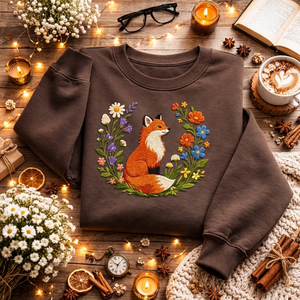 Embroidered Red Fox Flower Wreath Sweatshirt, Forest Nature Top