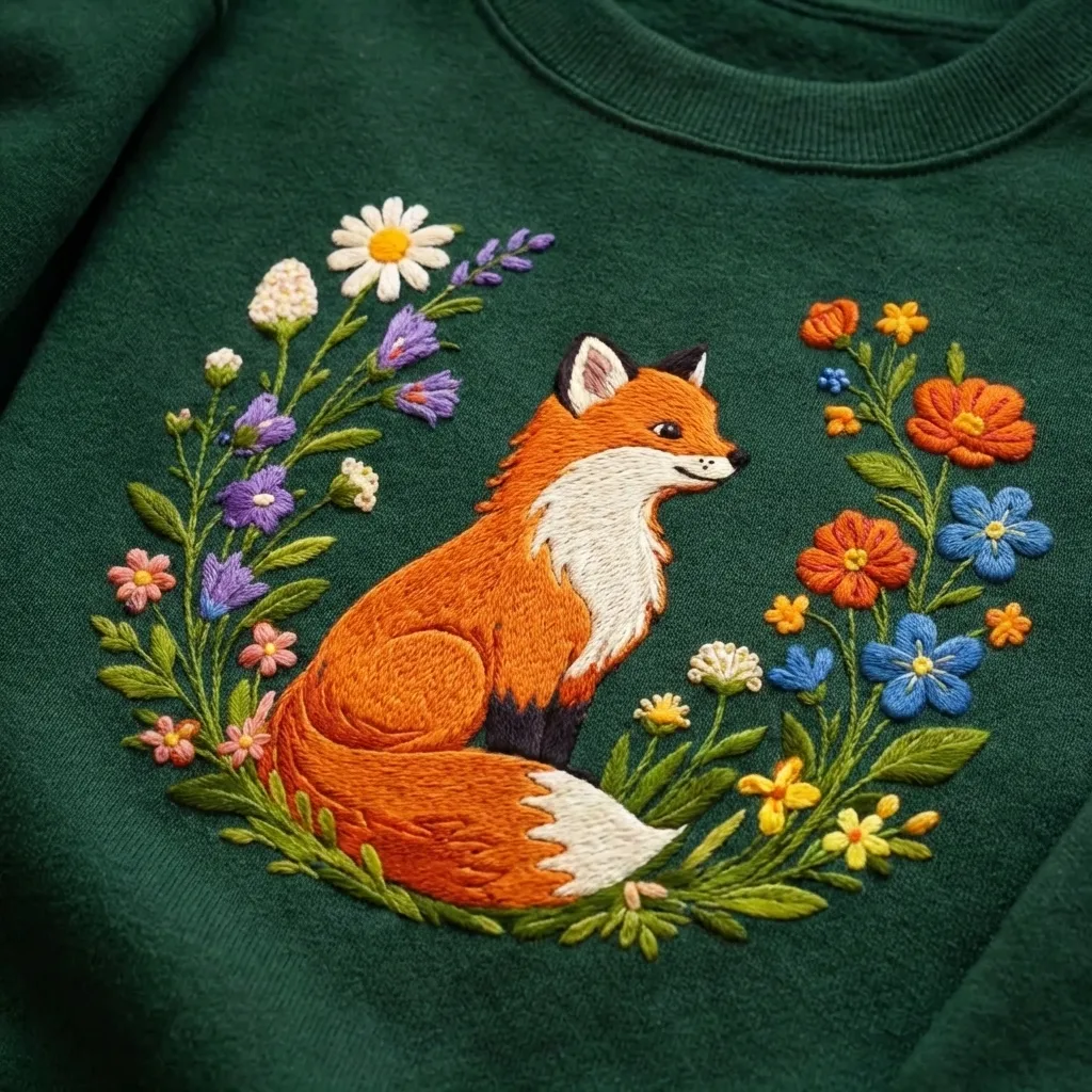 Embroidered Red Fox Flower Wreath Sweatshirt, Forest Nature Top