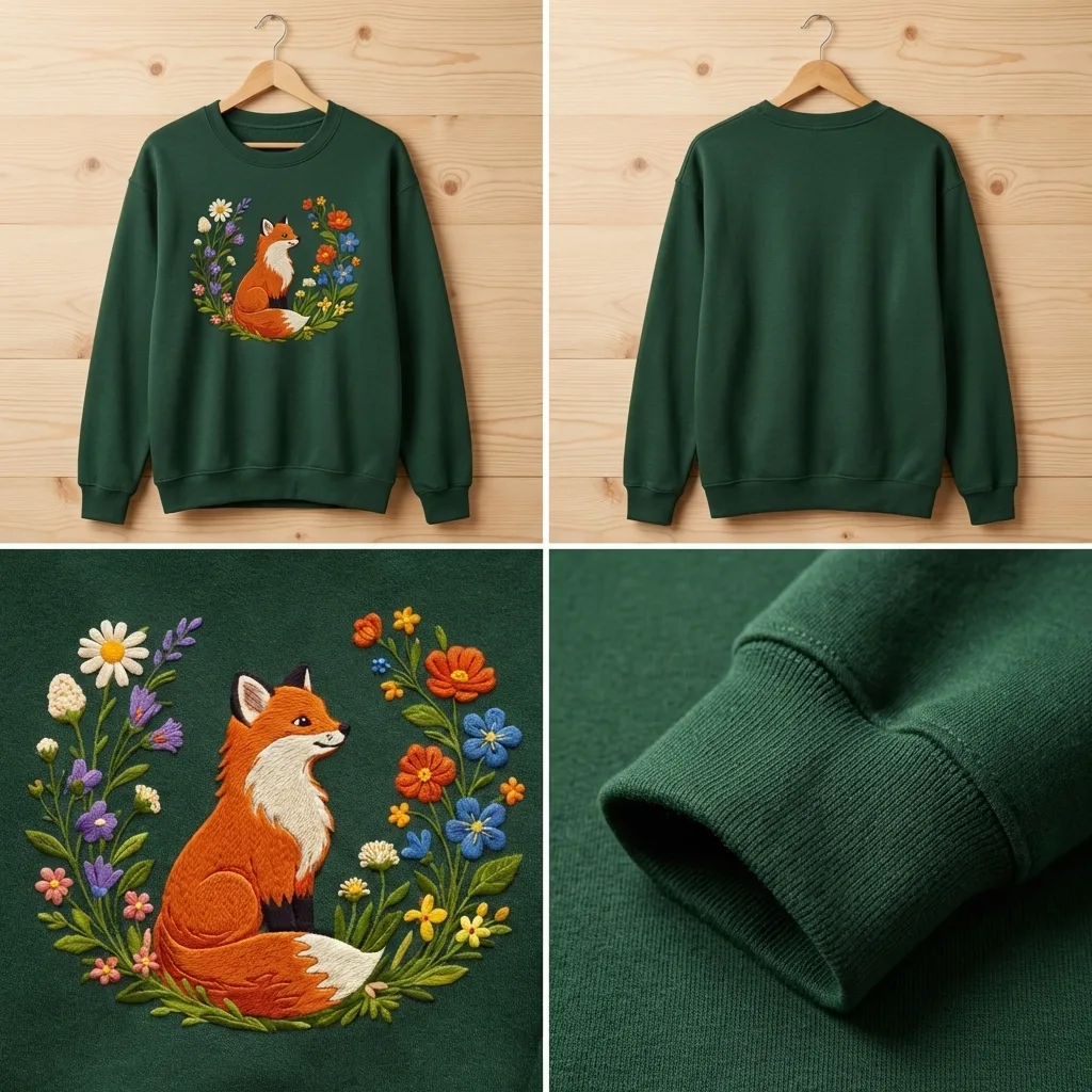 Embroidered Red Fox Flower Wreath Sweatshirt, Forest Nature Top