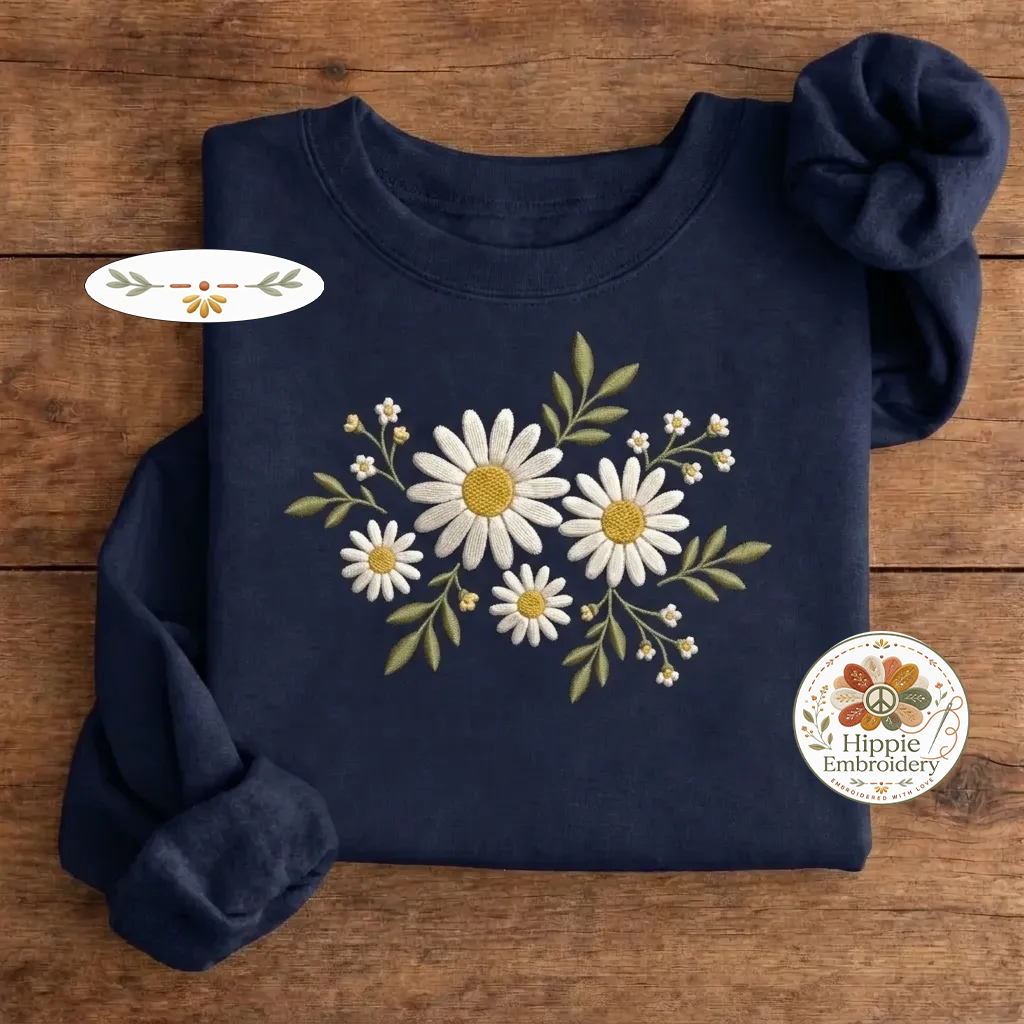 Embroidered Red & White Poppy Sweatshirt, Vintage Botanical Crew