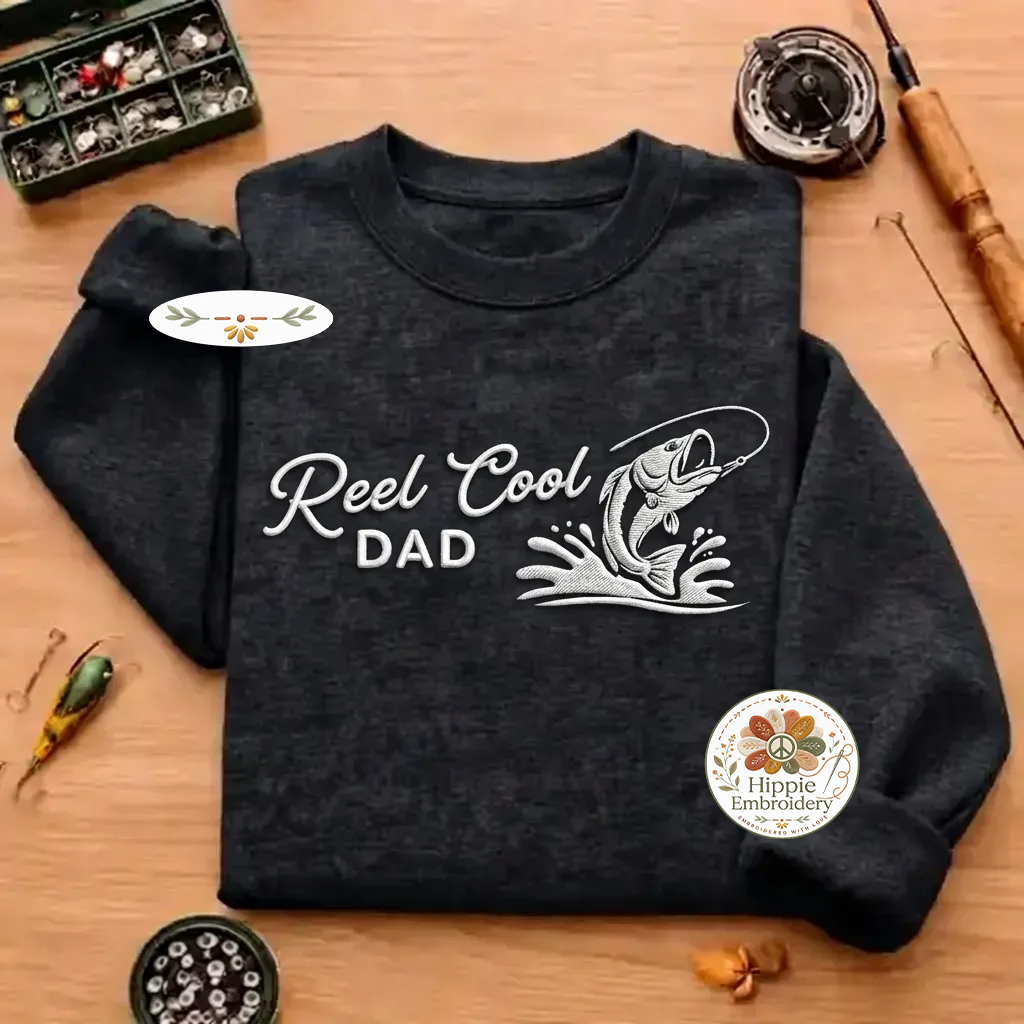 Embroidered Reel Cool Dad Sweatshirt, Funny Fishing Crewneck