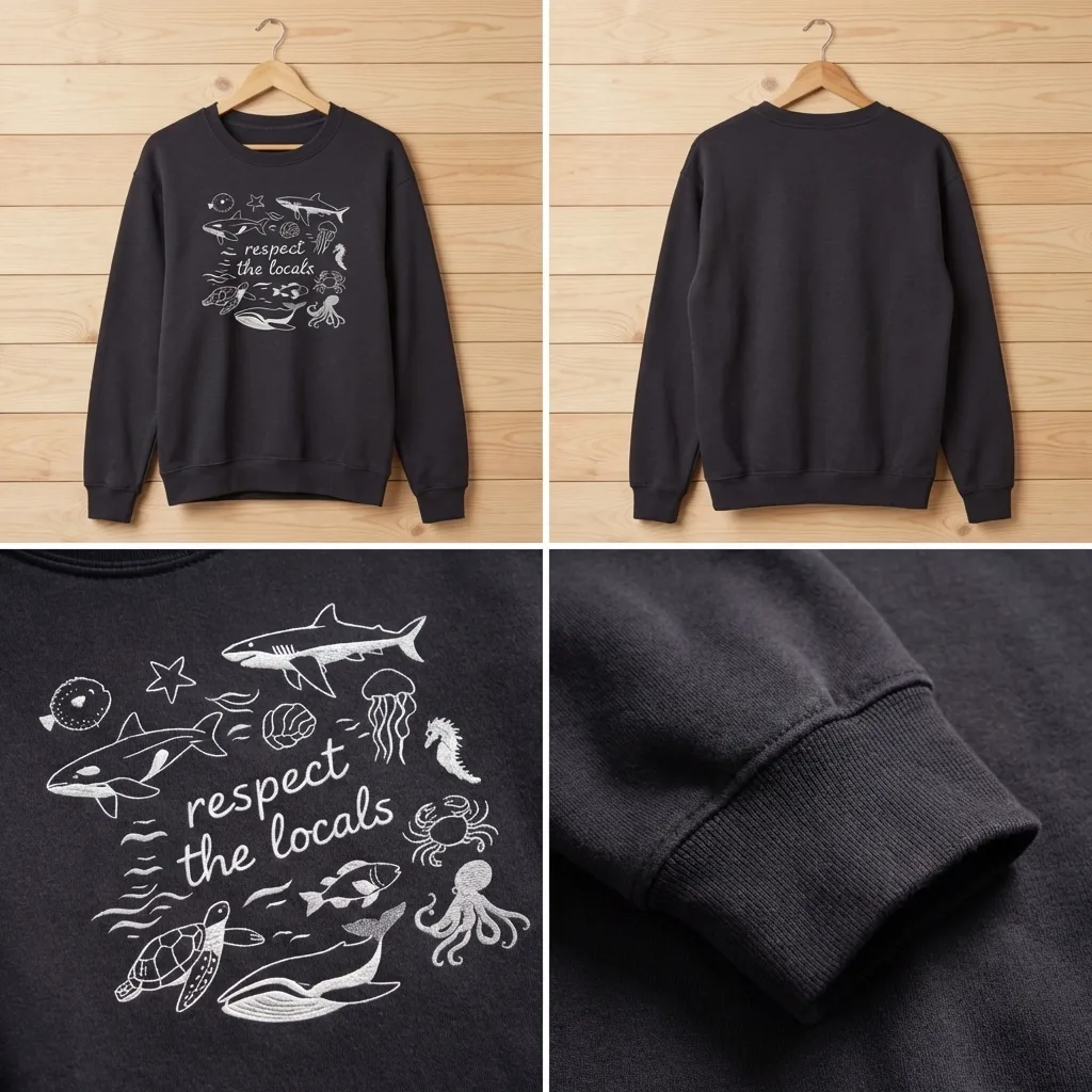 Embroidered Respect The Locals Sweatshirt, Sea Life Ocean Shirt