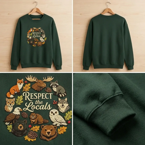 Embroidered Respect The Locals Sweatshirt, Woodland Animals Crewneck