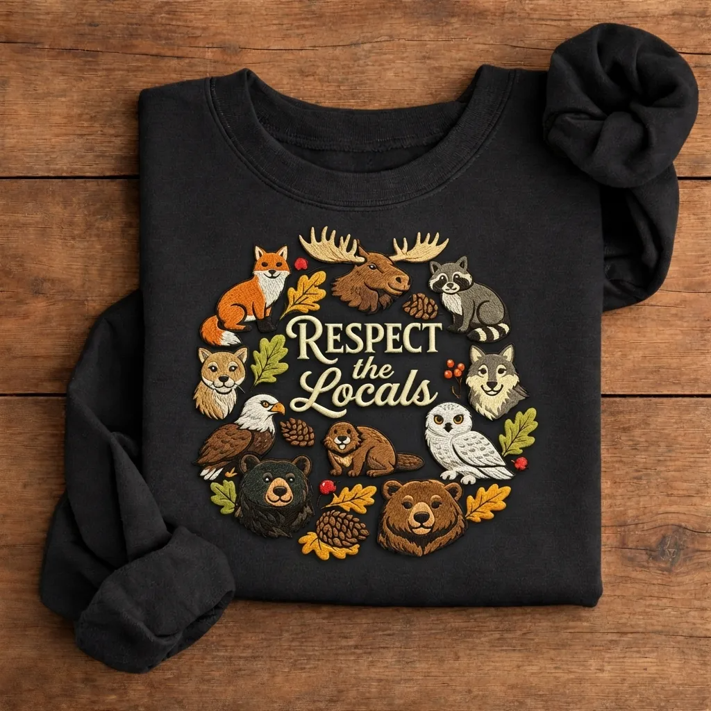 Embroidered Respect The Locals Sweatshirt, Woodland Animals Crewneck