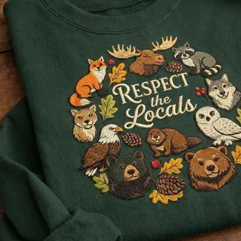 Embroidered Respect The Locals Sweatshirt, Woodland Animals Crewneck