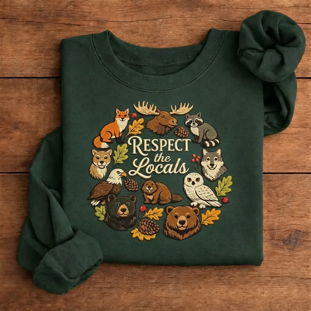 Embroidered Respect The Locals Sweatshirt, Woodland Animals Crewneck