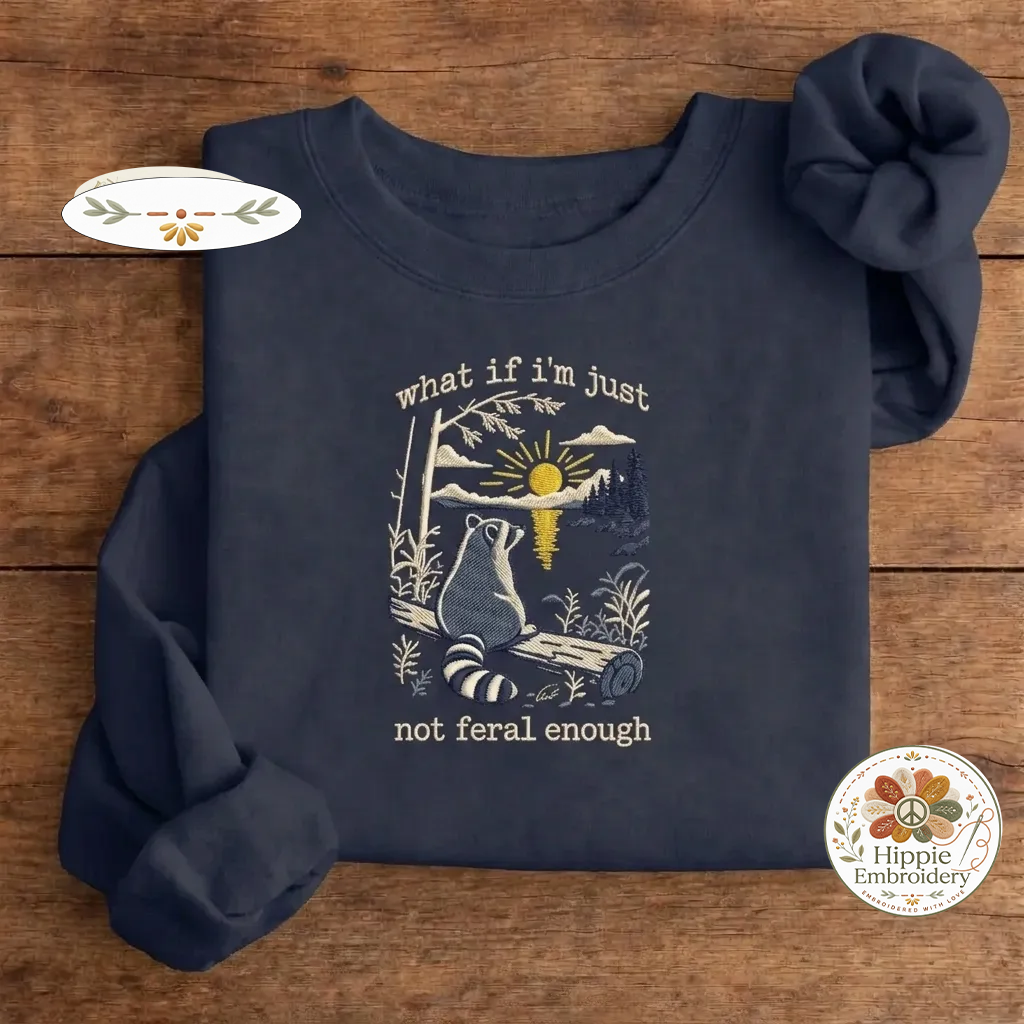 Embroidered Retro Feral Raccoon Sweatshirt, Funny Meme Crewneck