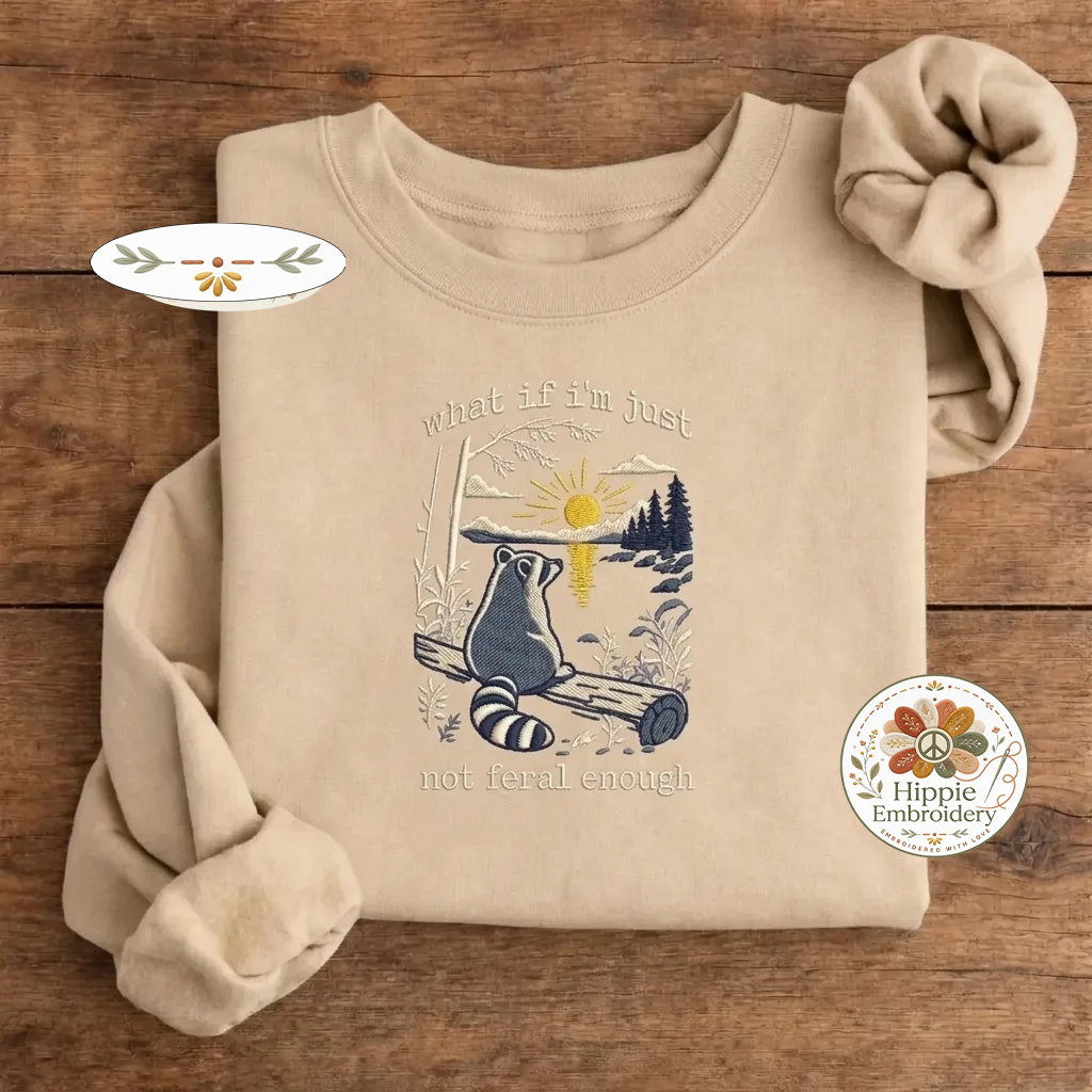 Embroidered Retro Feral Raccoon Sweatshirt, Funny Meme Crewneck