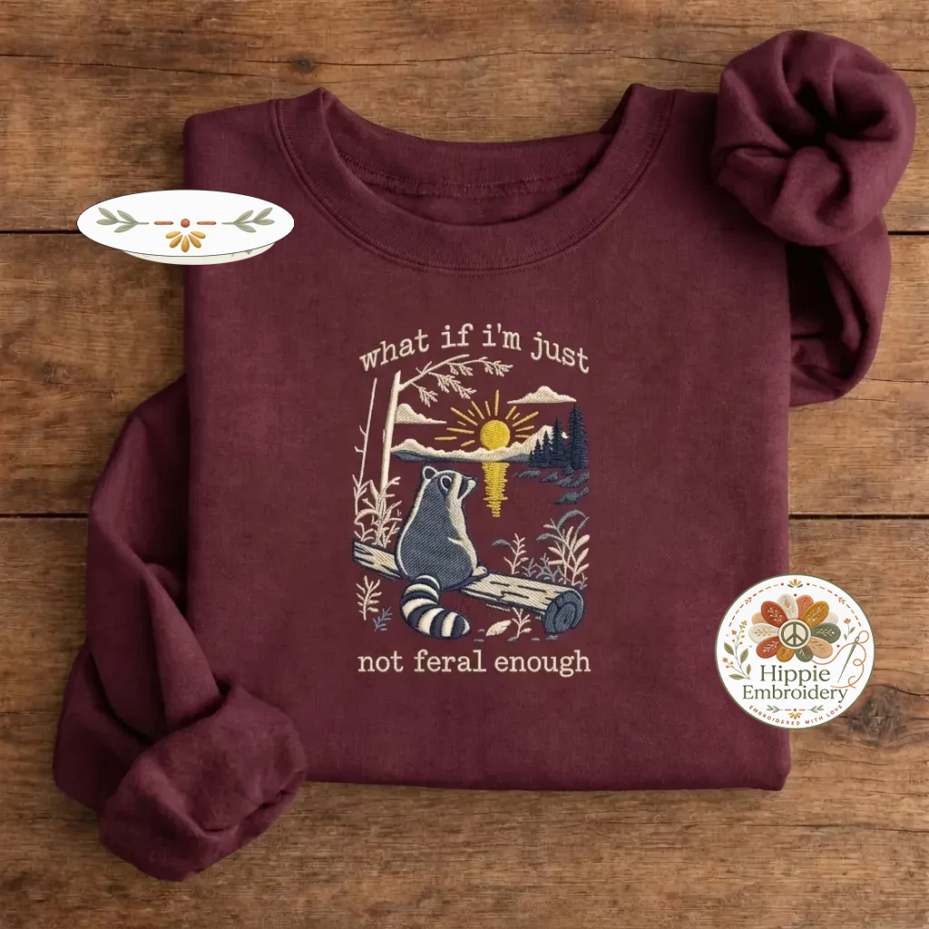 Embroidered Retro Feral Raccoon Sweatshirt, Funny Meme Crewneck
