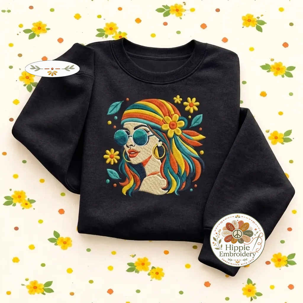 Embroidered Retro Hippie Girl Sweatshirt, 70s Boho Flower Shirt