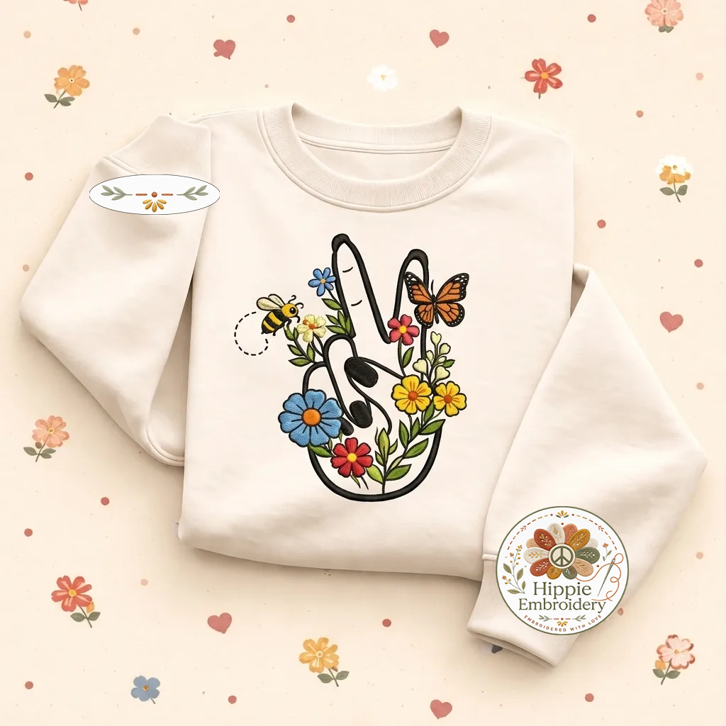 Embroidered Retro Hippie Girl Sweatshirt, 70s Boho Flower Shirt