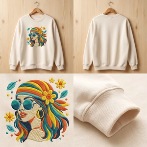 Embroidered Retro Hippie Girl Sweatshirt, 70s Boho Flower Shirt
