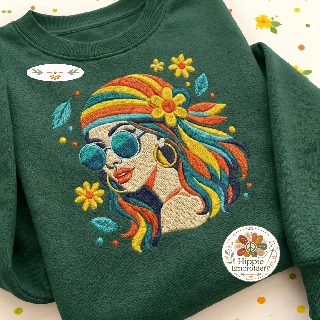 Embroidered Retro Hippie Girl Sweatshirt, 70s Boho Flower Shirt