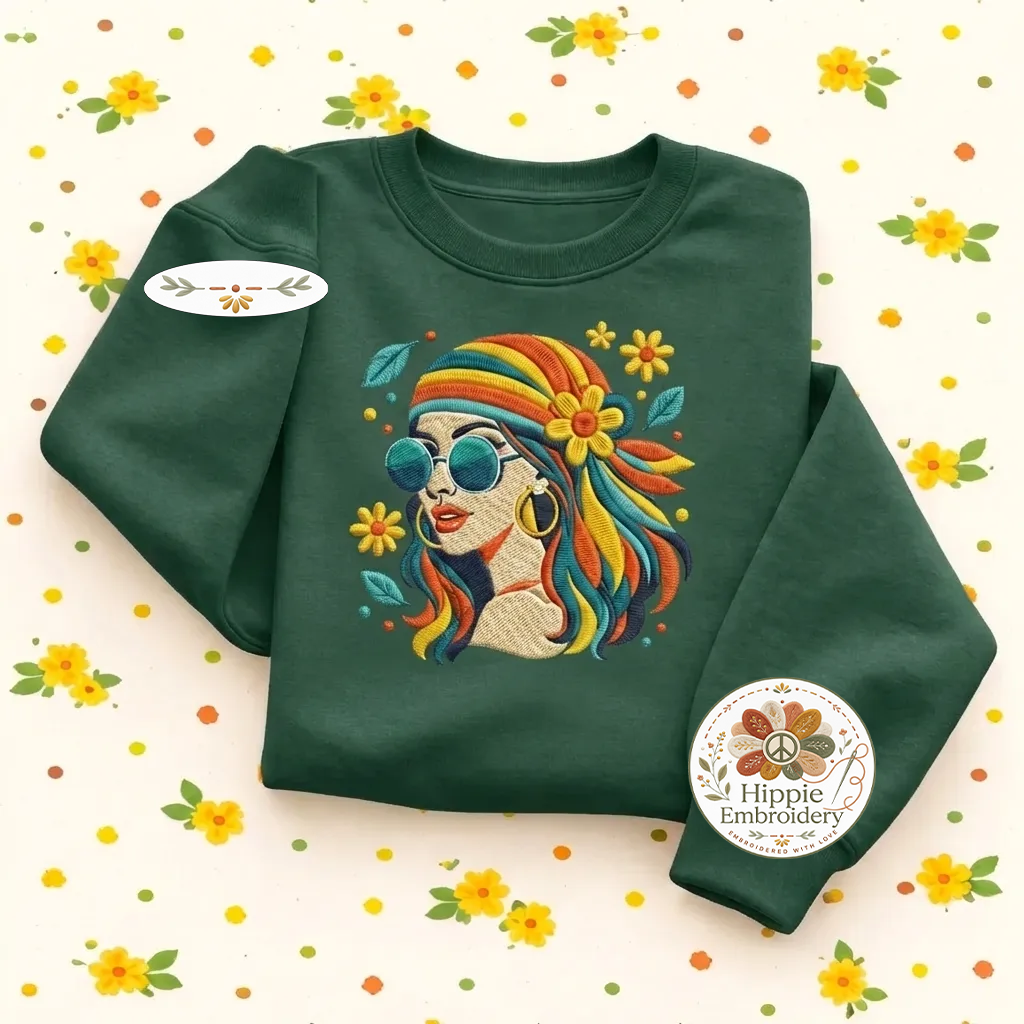Embroidered Retro Hippie Girl Sweatshirt, 70s Boho Flower Shirt
