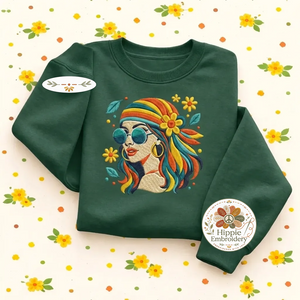 Embroidered Retro Hippie Girl Sweatshirt, 70s Boho Flower Shirt