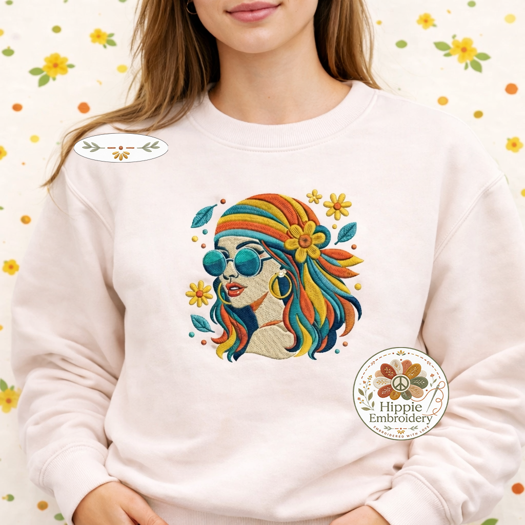 Embroidered Retro Hippie Girl Sweatshirt, 70s Boho Flower Shirt
