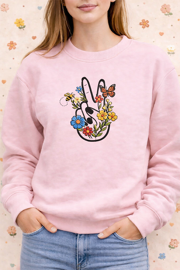 Embroidered Retro Hippie Girl Sweatshirt, 70s Boho Flower Shirt