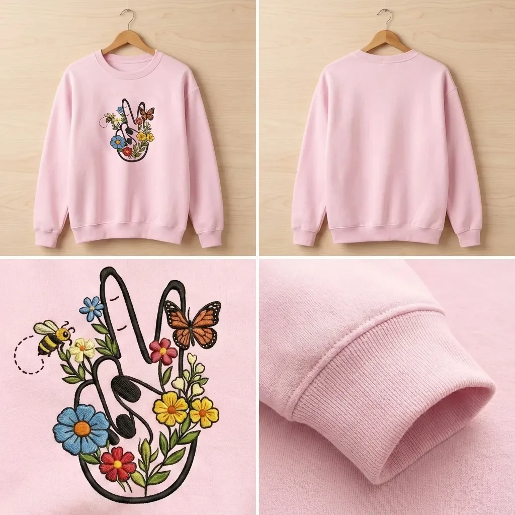 Embroidered Retro Hippie Girl Sweatshirt, 70s Boho Flower Shirt