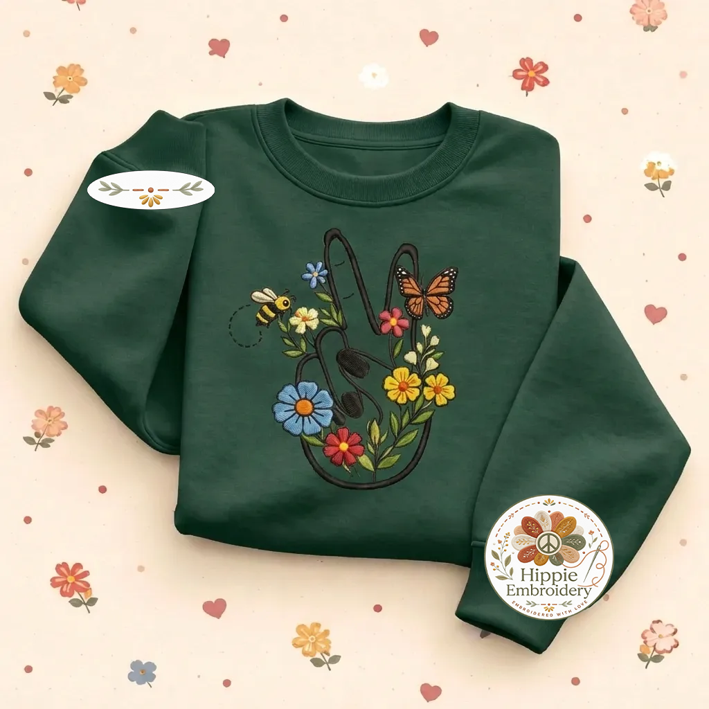 Embroidered Retro Hippie Girl Sweatshirt, 70s Boho Flower Shirt