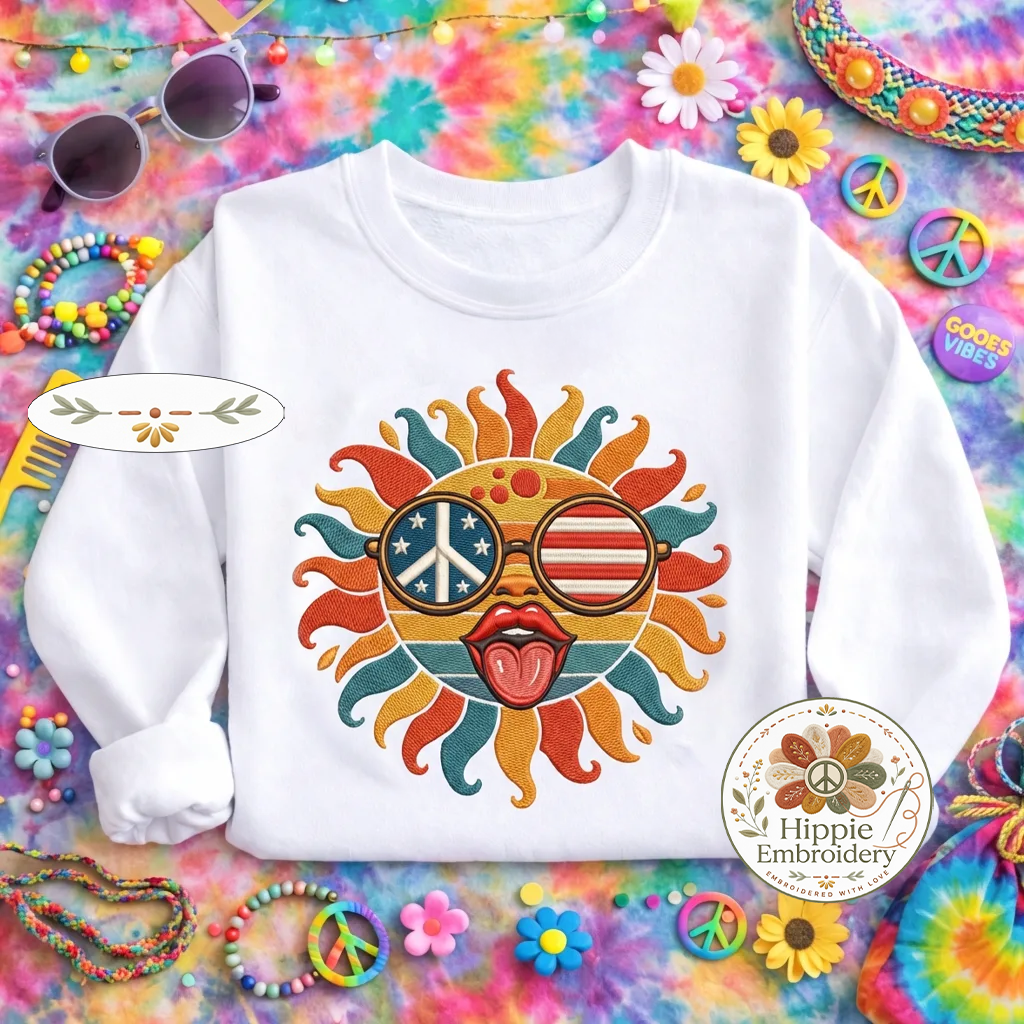Embroidered Retro Hippie Sun Sweatshirt, Vintage Boho Top