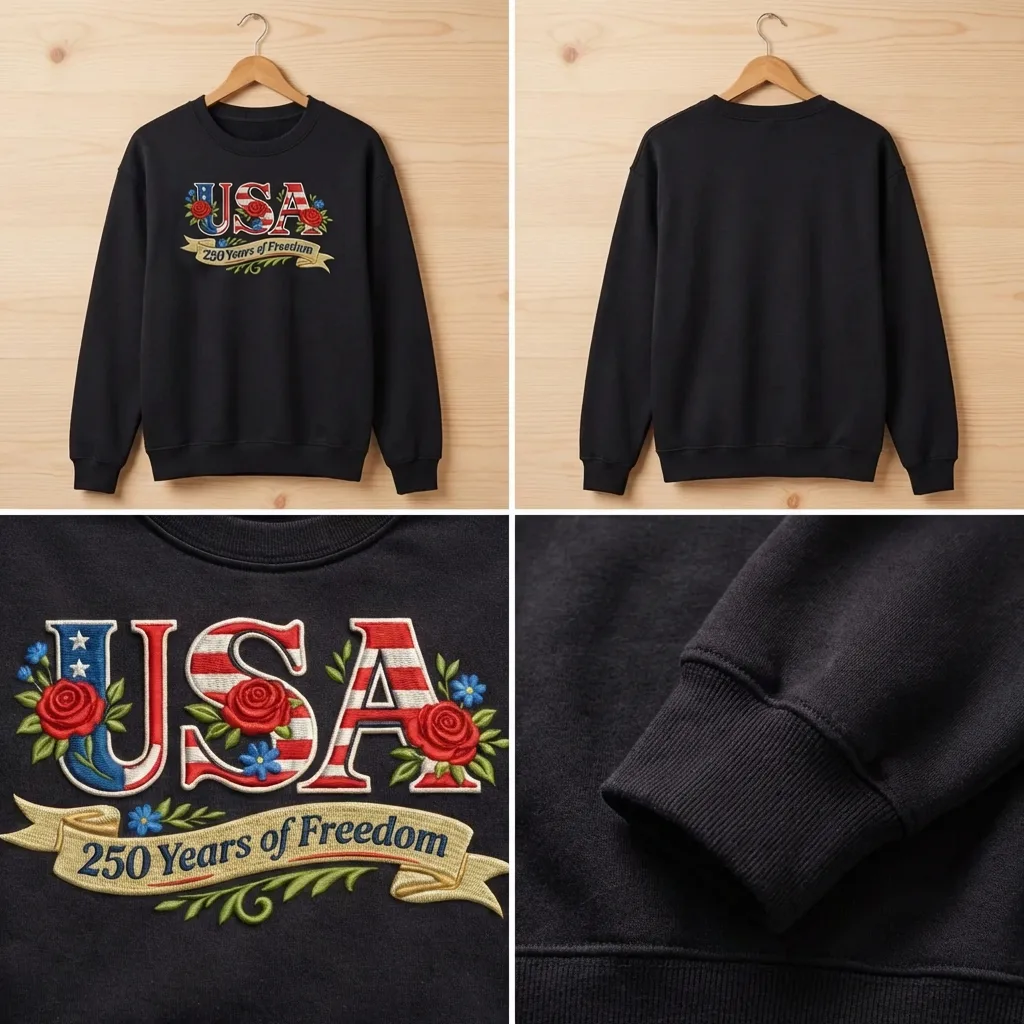 Embroidered Retro USA 250 Sweatshirt, Patriotic Flag Top