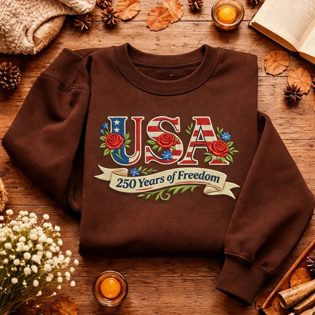 Embroidered Retro USA 250 Sweatshirt, Patriotic Flag Top