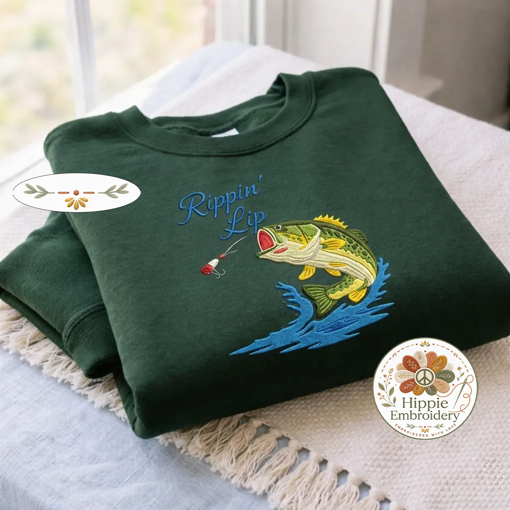 Embroidered Rippin' Lips Fishing Sweatshirt, Bass Angler Crewneck