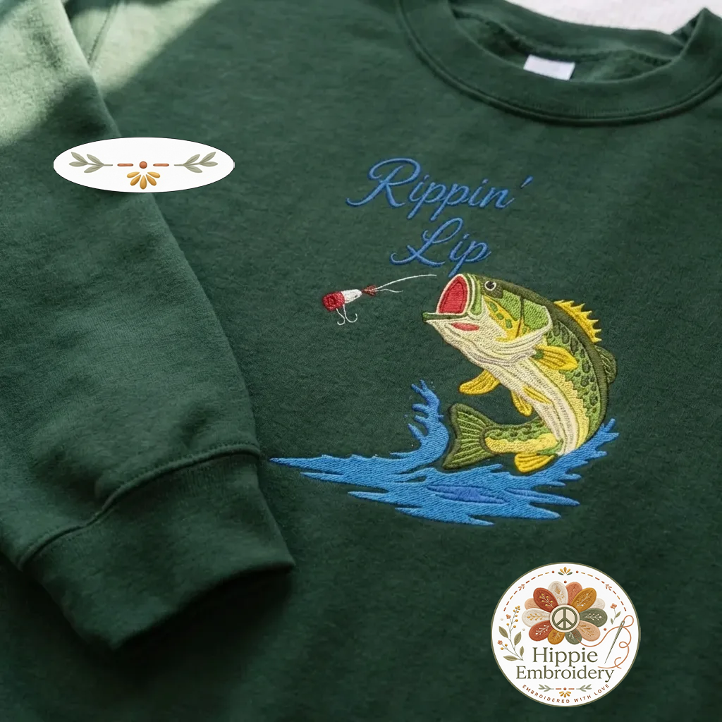 Embroidered Rippin' Lips Fishing Sweatshirt, Bass Angler Crewneck