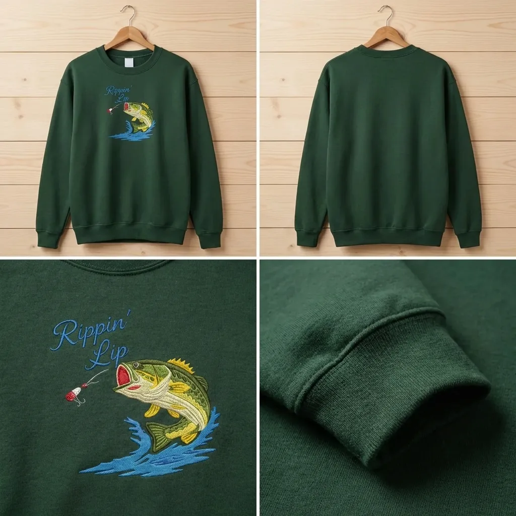 Embroidered Rippin' Lips Fishing Sweatshirt, Bass Angler Crewneck