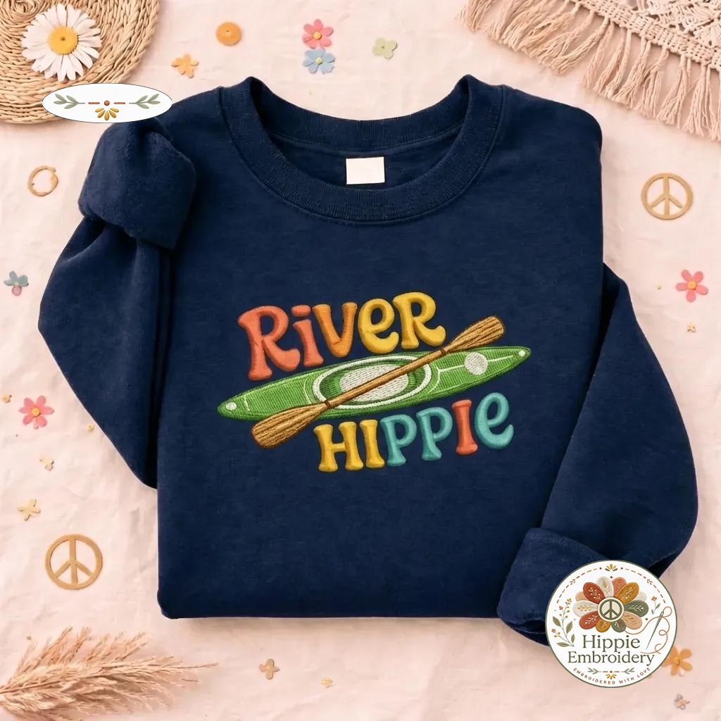 Embroidered River Hippie Sweatshirt, Kayak Outdoor Adventure Shirt