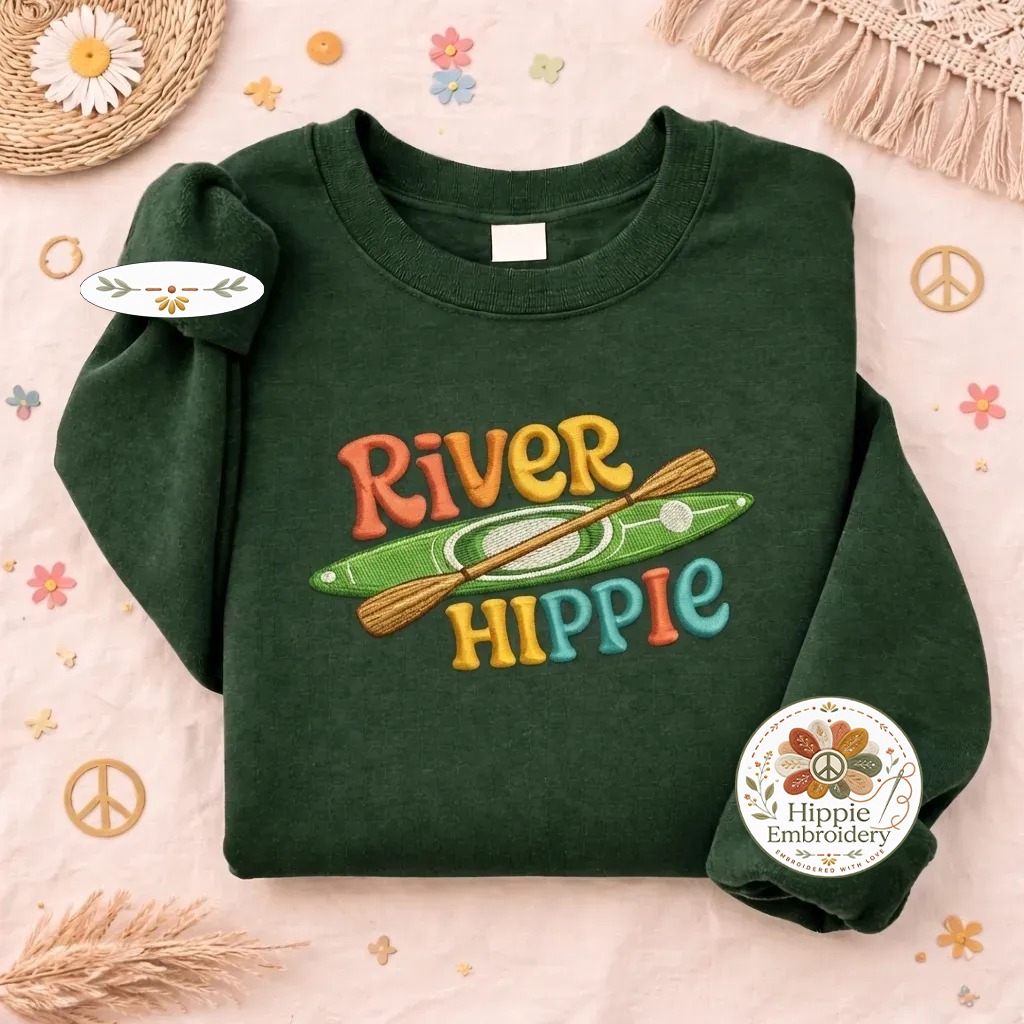 Embroidered River Hippie Sweatshirt, Kayak Outdoor Adventure Shirt