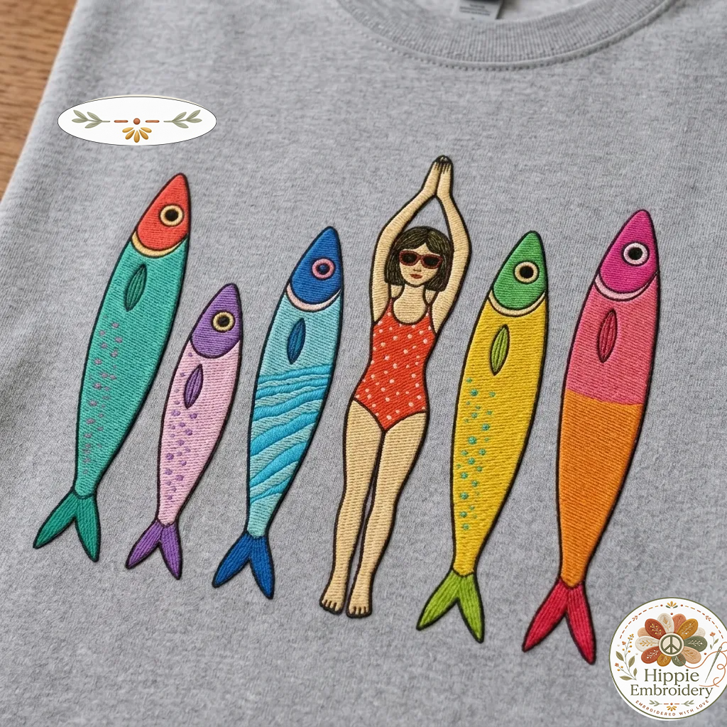 Embroidered Sardine Sweatshirt, Coastal Boho Tinned Fish Crewneck
