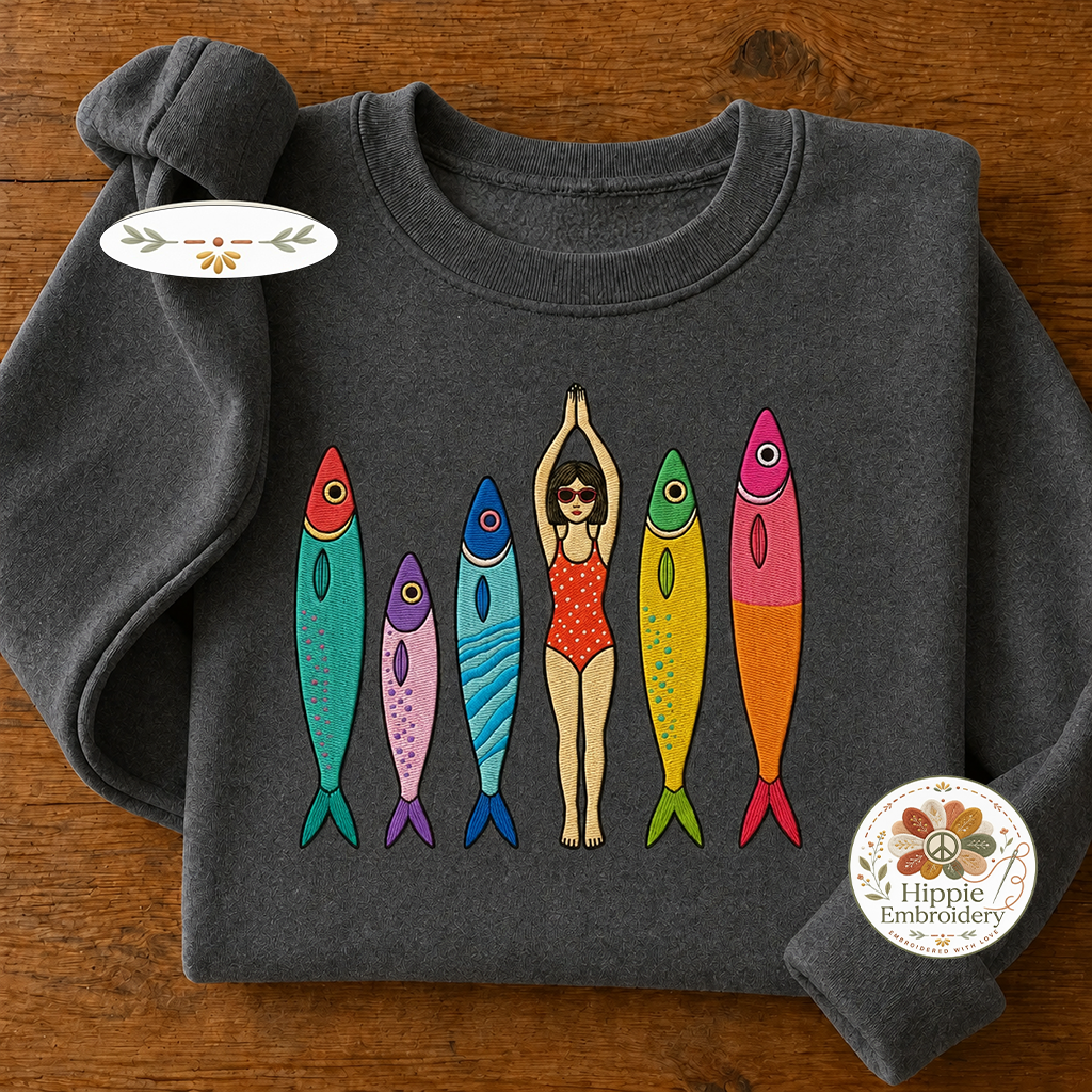 Embroidered Sardine Sweatshirt, Coastal Boho Tinned Fish Crewneck