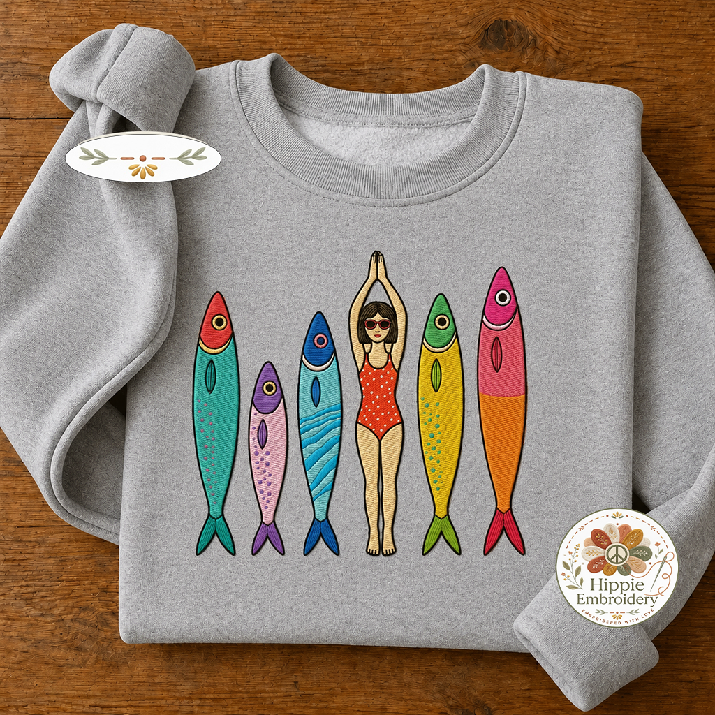 Embroidered Sardine Sweatshirt, Coastal Boho Tinned Fish Crewneck