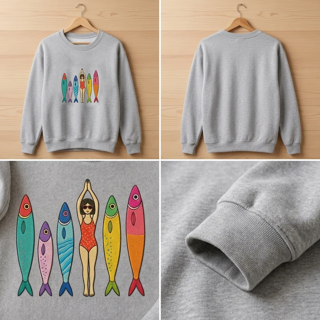 Embroidered Sardine Sweatshirt, Coastal Boho Tinned Fish Crewneck