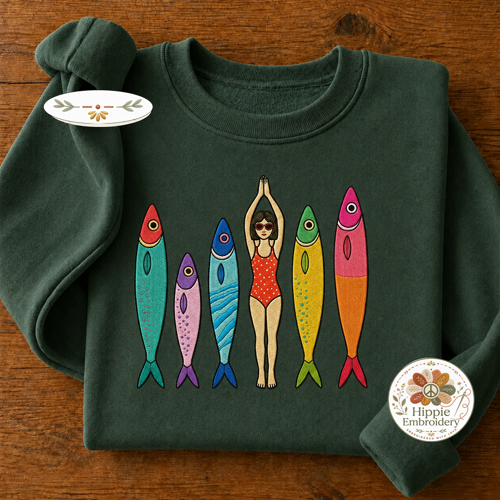 Embroidered Sardine Sweatshirt, Coastal Boho Tinned Fish Crewneck