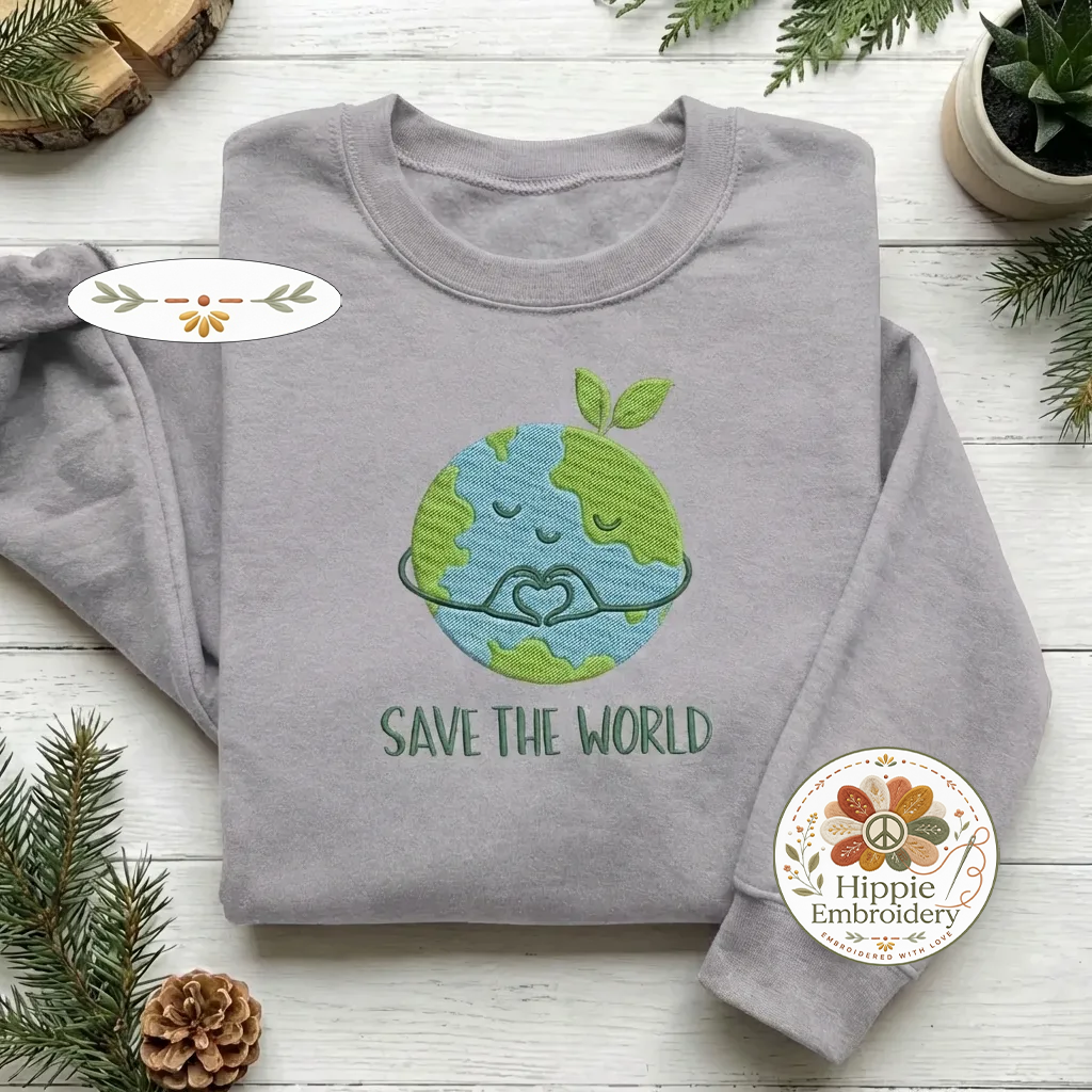Embroidered Save The World Sweatshirt, Heart Globe Eco Shirt