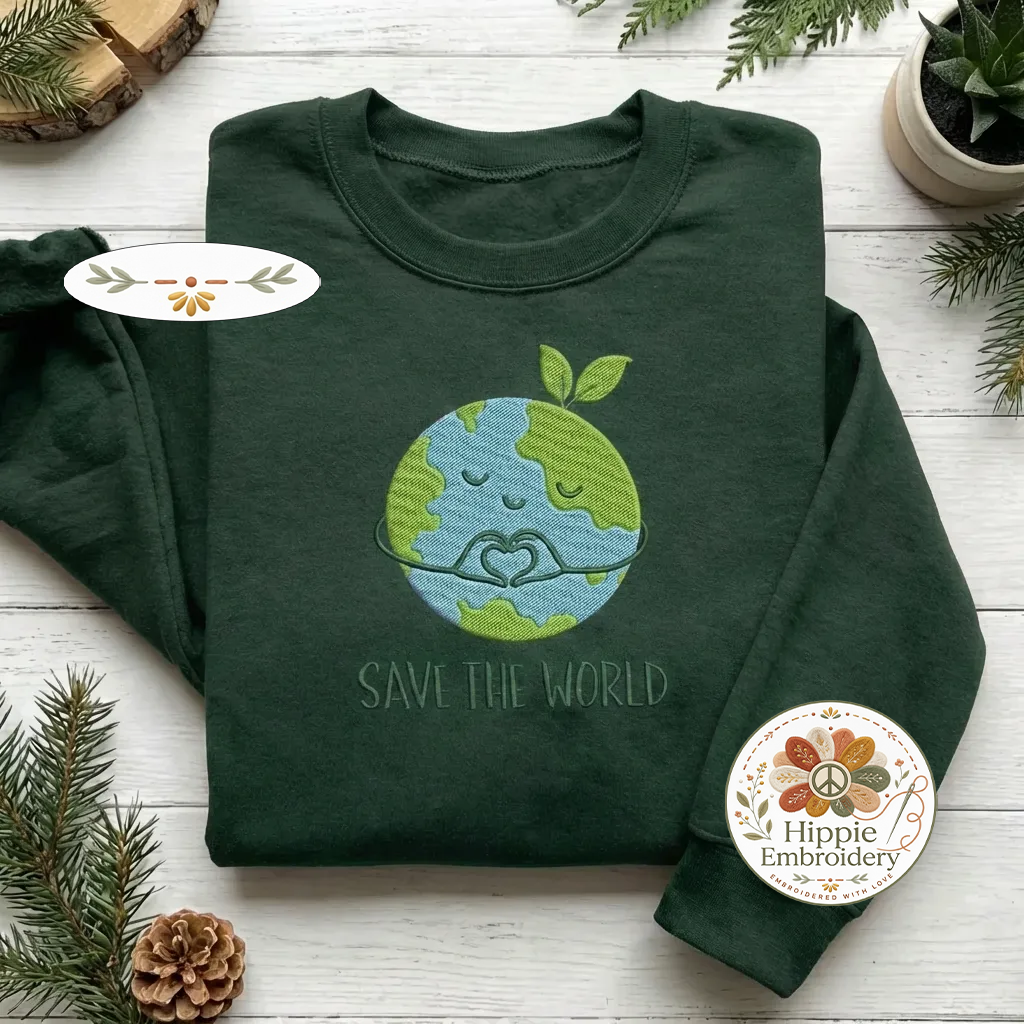Embroidered Save The World Sweatshirt, Heart Globe Eco Shirt