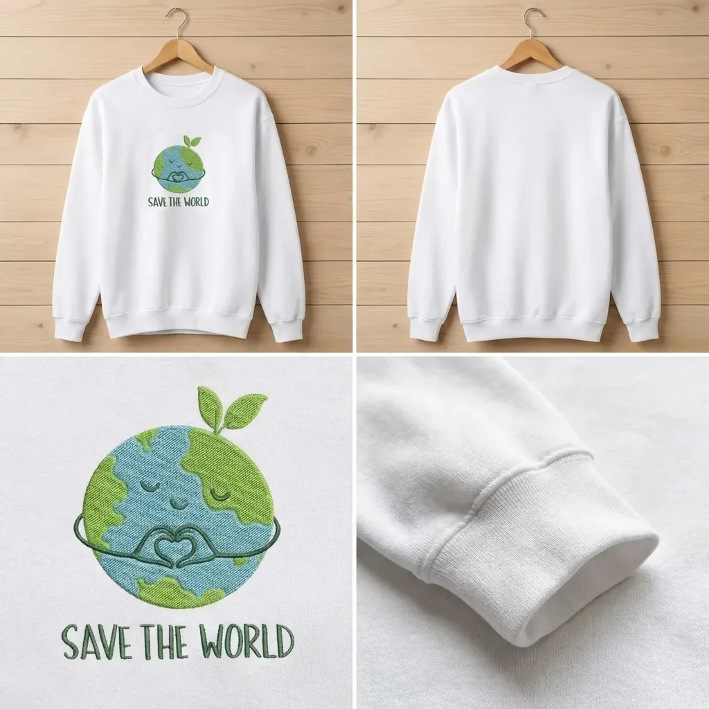 Embroidered Save The World Sweatshirt, Heart Globe Eco Shirt