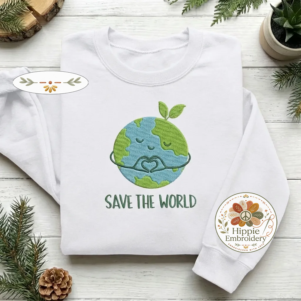 Embroidered Save The World Sweatshirt, Heart Globe Eco Shirt