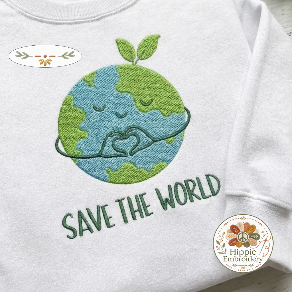 Embroidered Save The World Sweatshirt, Heart Globe Eco Shirt