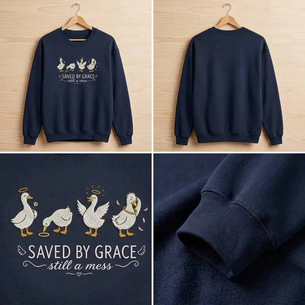 Embroidered Saved By Grace Still A Mess Goose Sweatshirt, Faith Crew