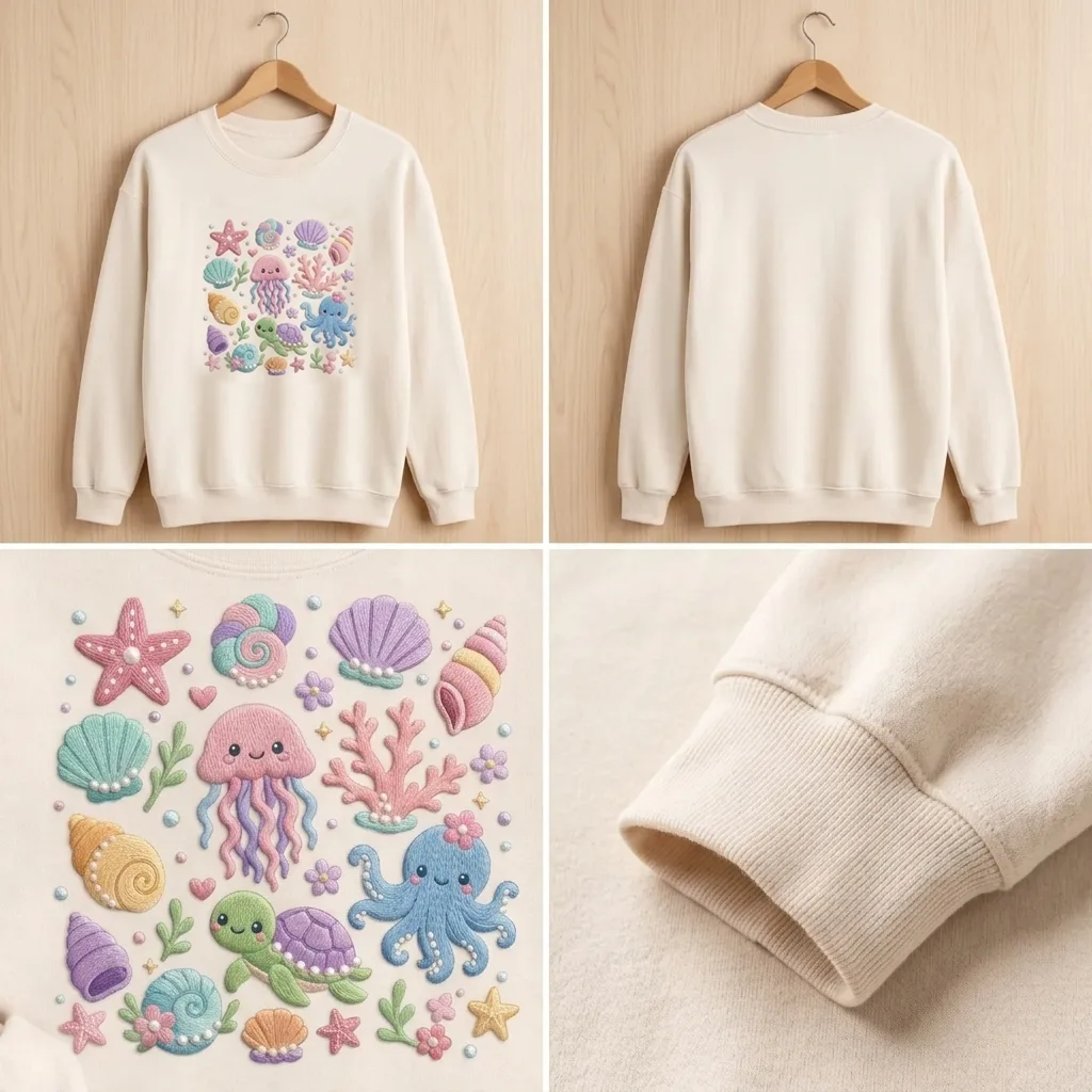 Embroidered Sea Life Kawaii Sweatshirt, Jellyfish Octopus Crew