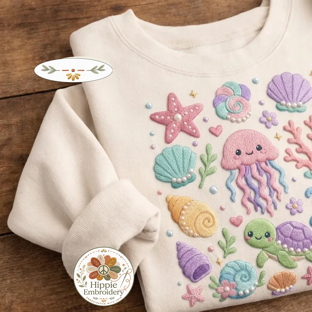 Embroidered Sea Life Kawaii Sweatshirt, Jellyfish Octopus Crew