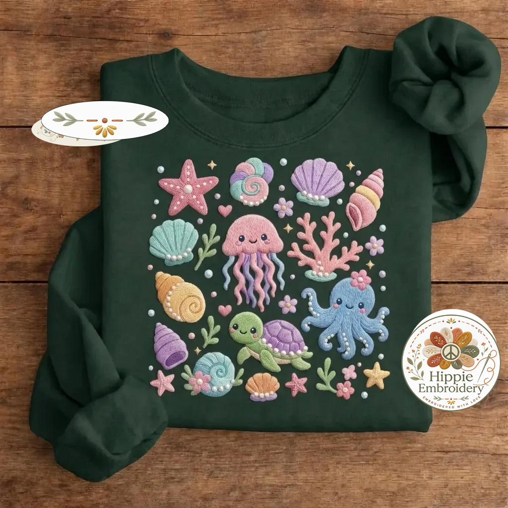 Embroidered Sea Life Kawaii Sweatshirt, Jellyfish Octopus Crew