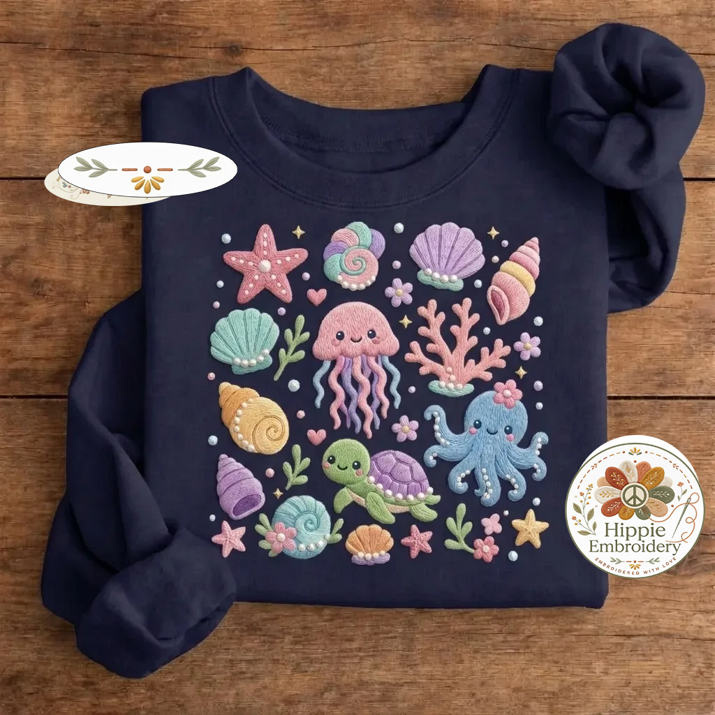 Embroidered Sea Life Kawaii Sweatshirt, Jellyfish Octopus Crew